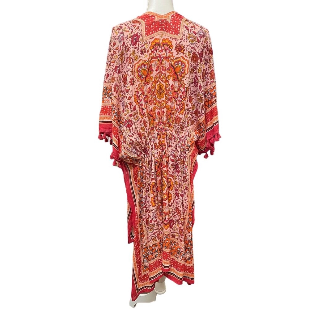 VINCE CAMUTO Pink Red Floral BoHo Tassel Open Front Kimono Beach Coverup - Picture 5 of 7